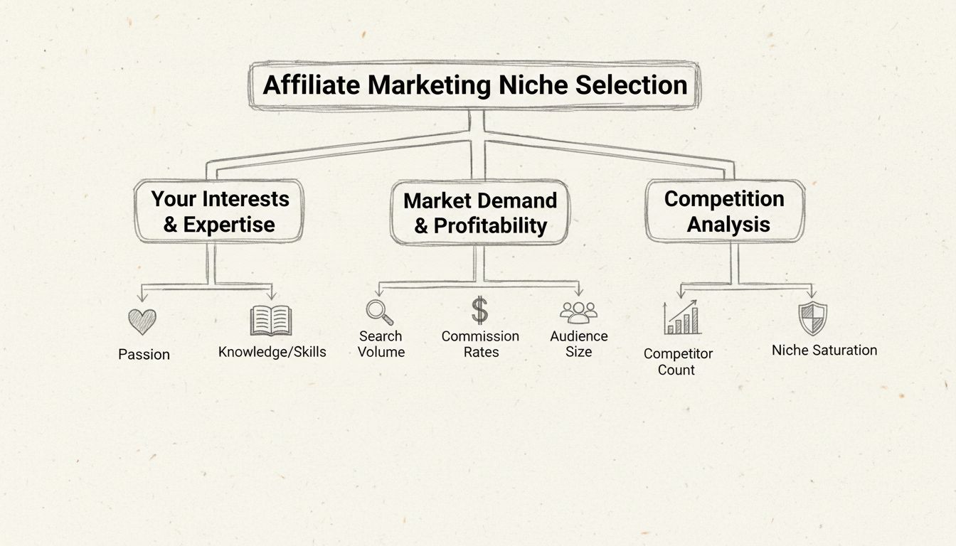 Döntési fa diagram az affiliate marketing niche kiválasztásához, három fő ággal: érdeklődés és szakértelem, piaci kereslet és jövedelmezőség, valamint versenyelemzés