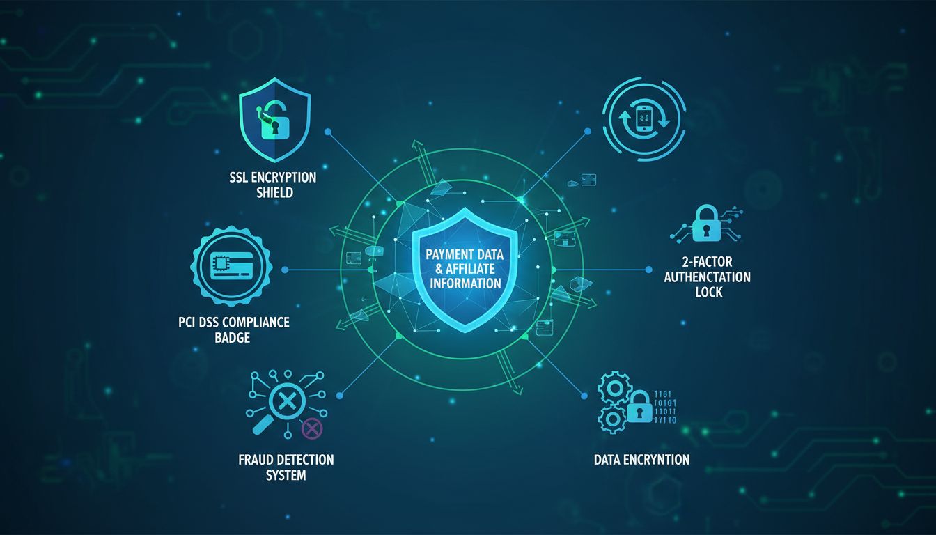 Affiliate bővítmény biztonsági rétegek: SSL titkosítás, PCI DSS megfelelőség, 2FA hitelesítés, csalásérzékelés és adattitkosítás