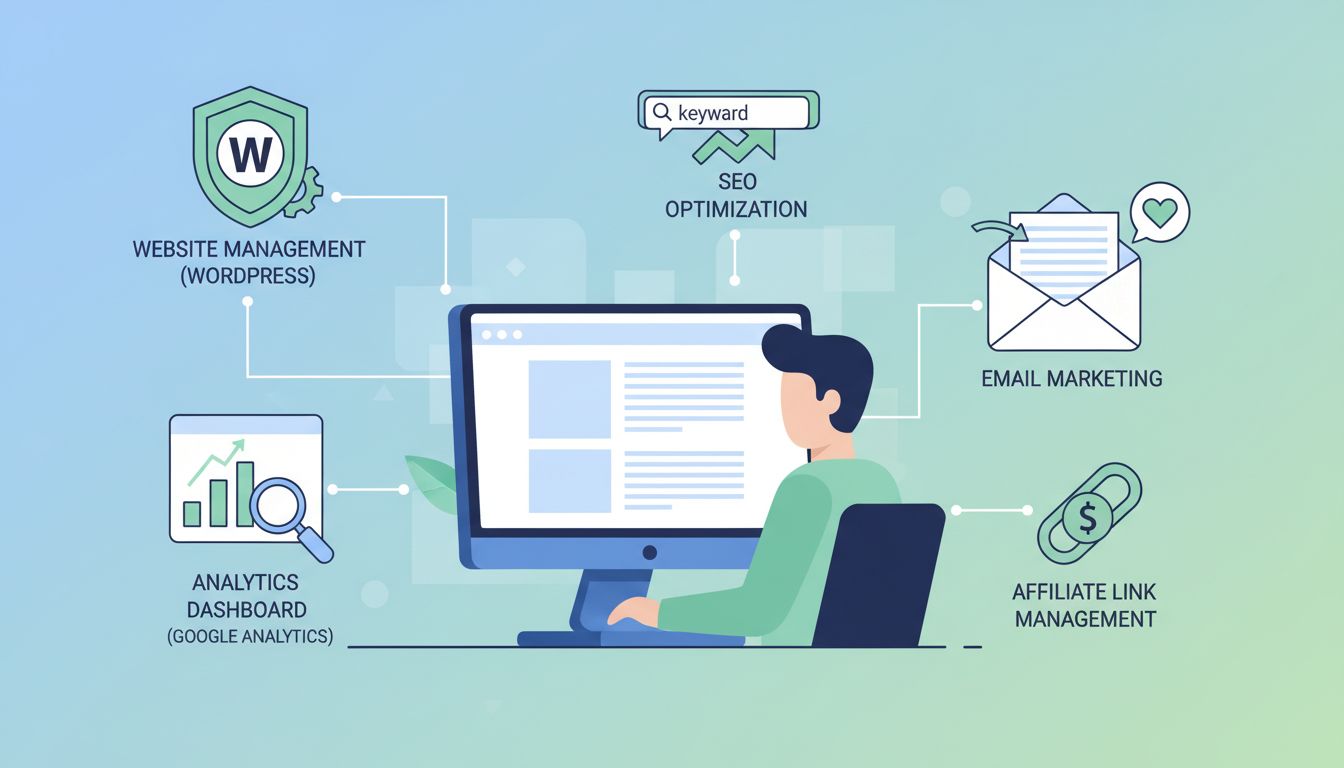 Affiliate marketing technikai készségek infografika: weboldal-kezelés, analitika, SEO, email marketing és linkkezelés