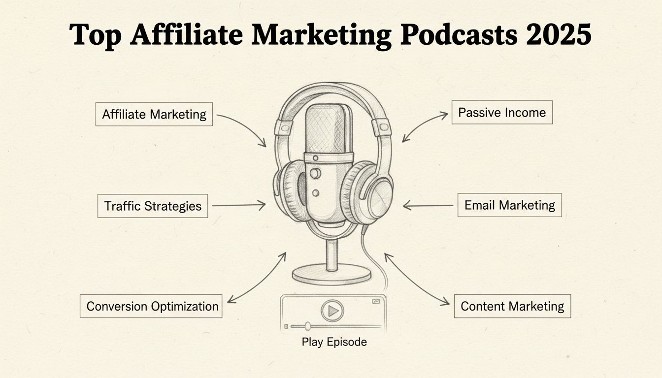 Kézzel rajzolt diagram podcast mikrofonnal és affiliate marketing témákkal