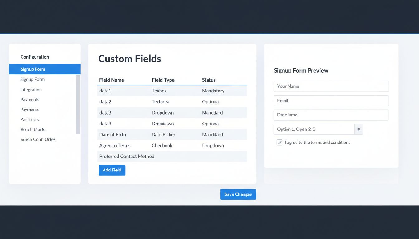 A Post Affiliate Pro regisztrációs űrlap konfigurációs felülete, egyéni mezők beállításával, mezőtípusokkal és állapot opciókkal