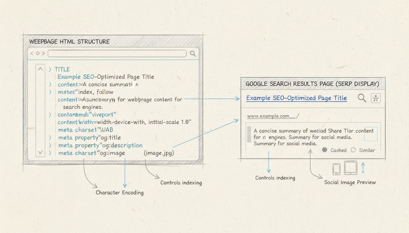 Kézzel rajzolt diagram, amely bemutatja a HTML meta tagek szerkezetét és azok kapcsolatát a keresőmotor találati oldalának megjelenítésével
