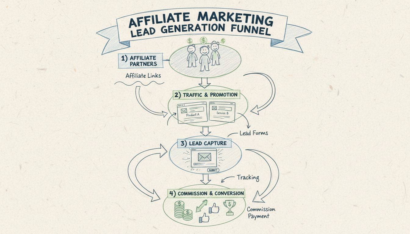 Affiliate Marketing Lead Generation Funnel - a folyamat lépései az affiliate partnertől a forgalom promócióján, lead gyűjtő űrlapon át a jutalék kifizetésig