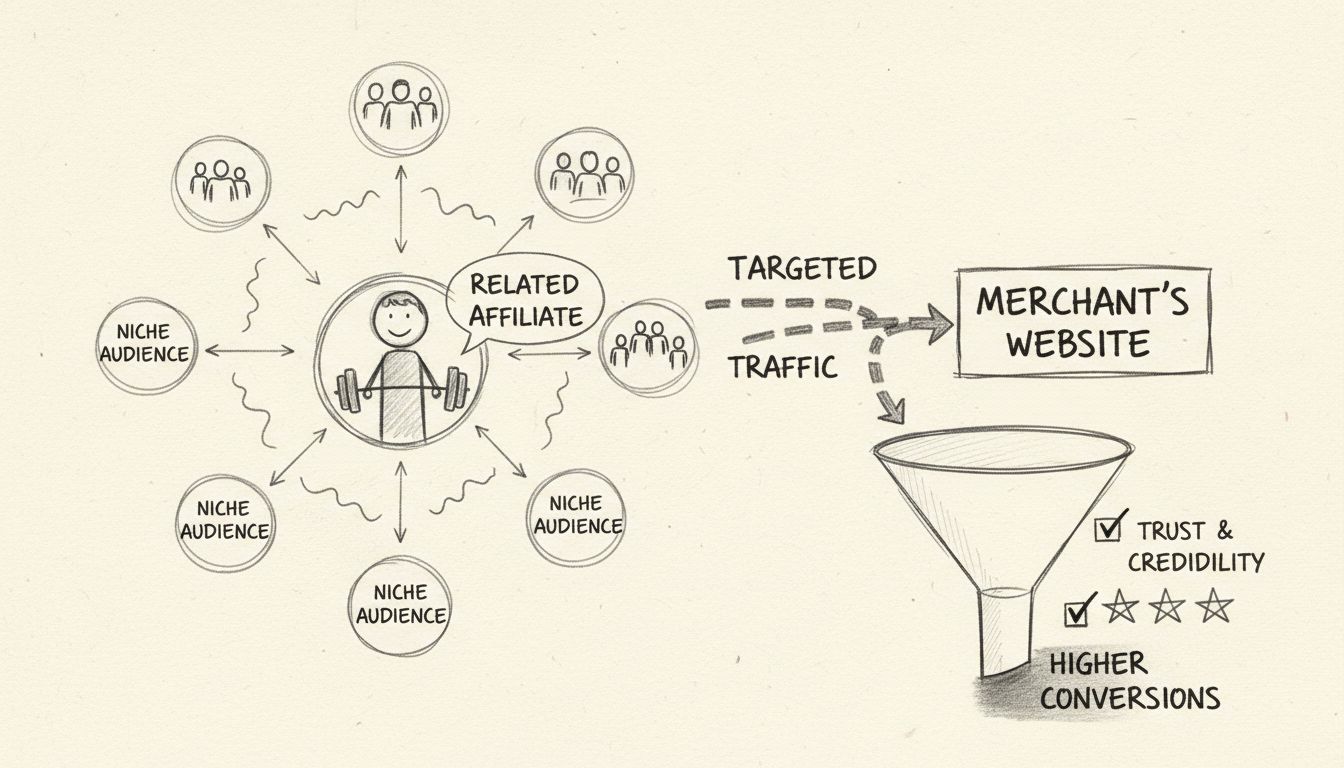 Kézzel rajzolt diagram, amely bemutatja, hogyan terelnek a kapcsolódó partnerek célzott forgalmat niche közönségeken keresztül a kereskedő weboldalára, magasabb konverziós arányokkal és bizalmi indikátorokkal