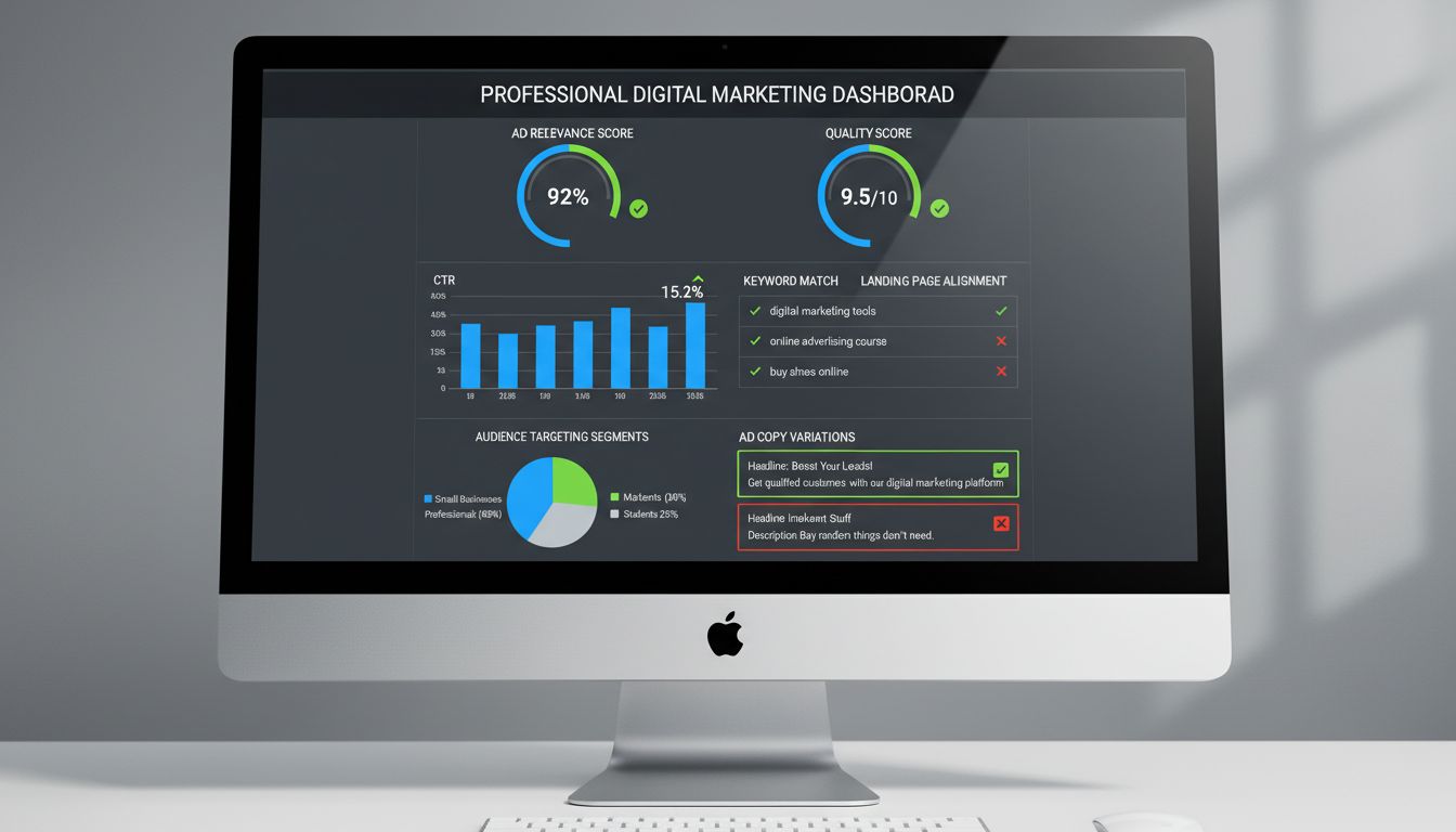 Hirdetés relevancia mutatók irányítópultja minőségi pontszámokkal, CTR-rel és kulcsszóteljesítménnyel