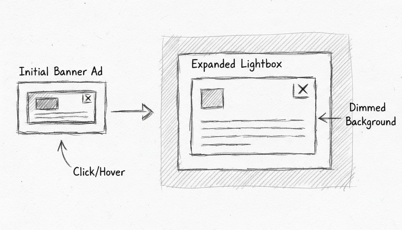 Kézzel rajzolt diagram, amely bemutatja, hogyan tágul a lightbox banner a kicsi kezdeti hirdetésből teljes képernyős átfedéssé elhalványított háttérrel