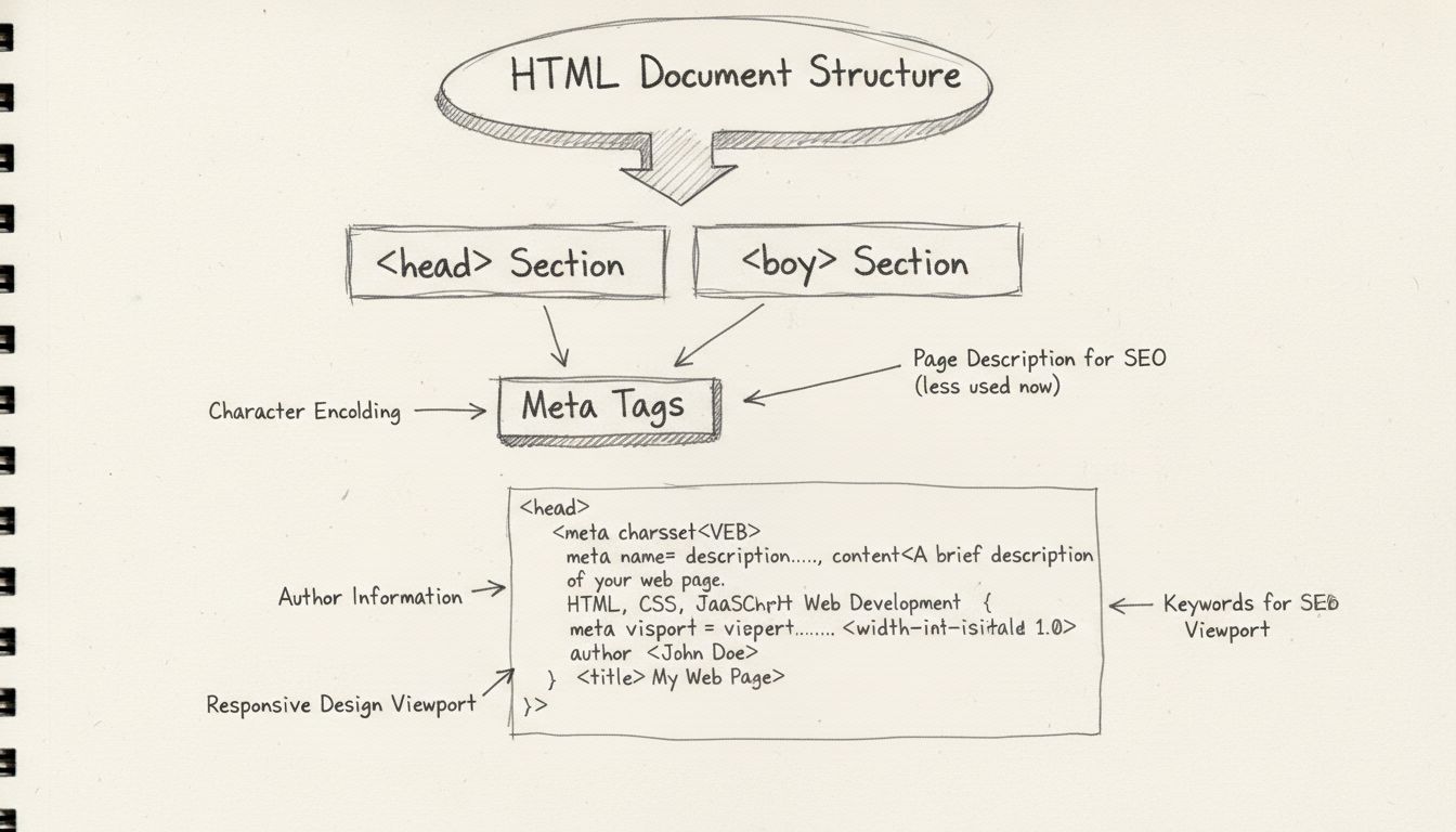 HTML meta tagek szerkezetét bemutató diagram, amely a head szekcióban charset, description, keywords, author és viewport meta tageket mutat