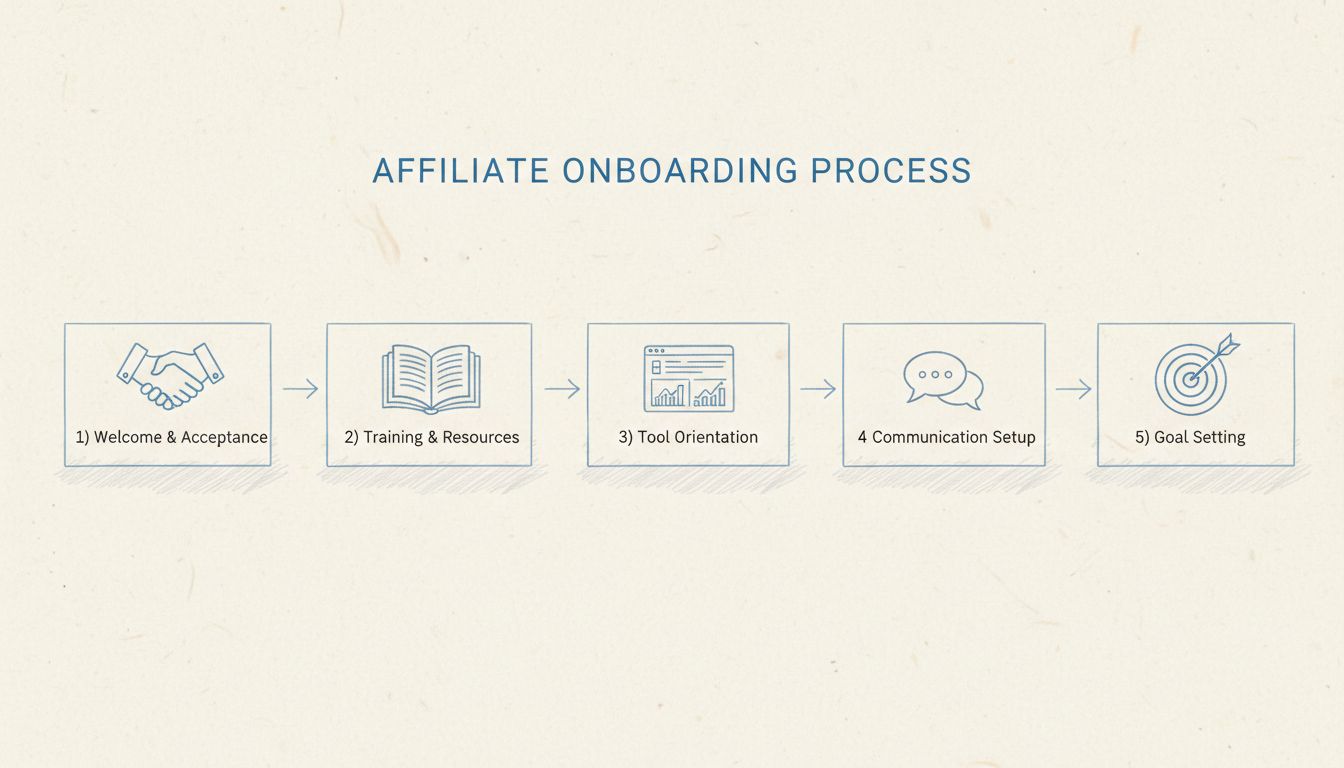Affiliate onboarding folyamati ábra, amely 5 lépést mutat: Üdvözlés & Elfogadás, Képzés & Anyagok, Eszközismertetés, Kommunikációs beállítás, Célkitűzés