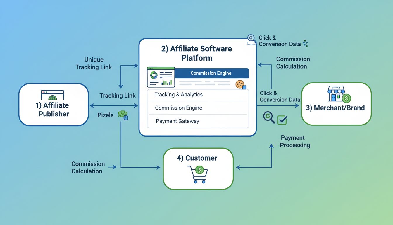 Technikai diagram, amely bemutatja, hogyan működik az affiliate szoftver a követéssel, jutalékszámítással és kifizetésekkel
