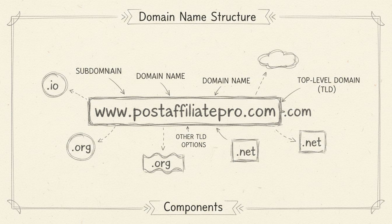 Domain név szerkezeti diagram: aldomain, domain név, TLD elemek, különböző felső szintű domainek példáival