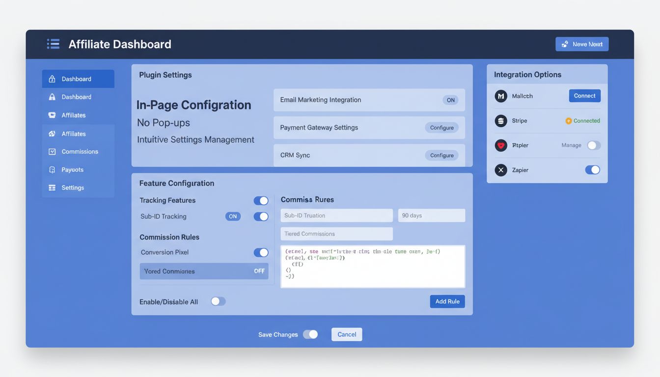 Modern affiliate szoftver vezérlőpult oldalon belüli bővítmény konfigurációval, kapcsolókkal és legördülő menükkel