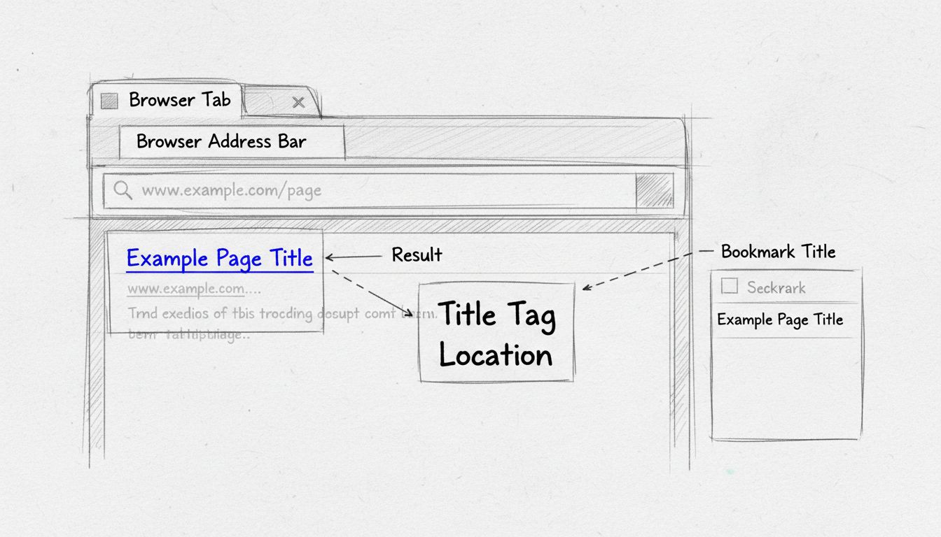 Diagram showing title tag display locations in browser tab, SERP results, and bookmarks