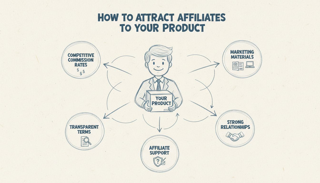 Kézzel rajzolt diagram, amely egy partner-toborzási stratégiát mutat be: az üzlettulajdonos több partnerhez kapcsolódik, megjelölve a jutalékrátákat, marketinganyagokat, átlátható feltételeket, kapcsolatokat és támogatást