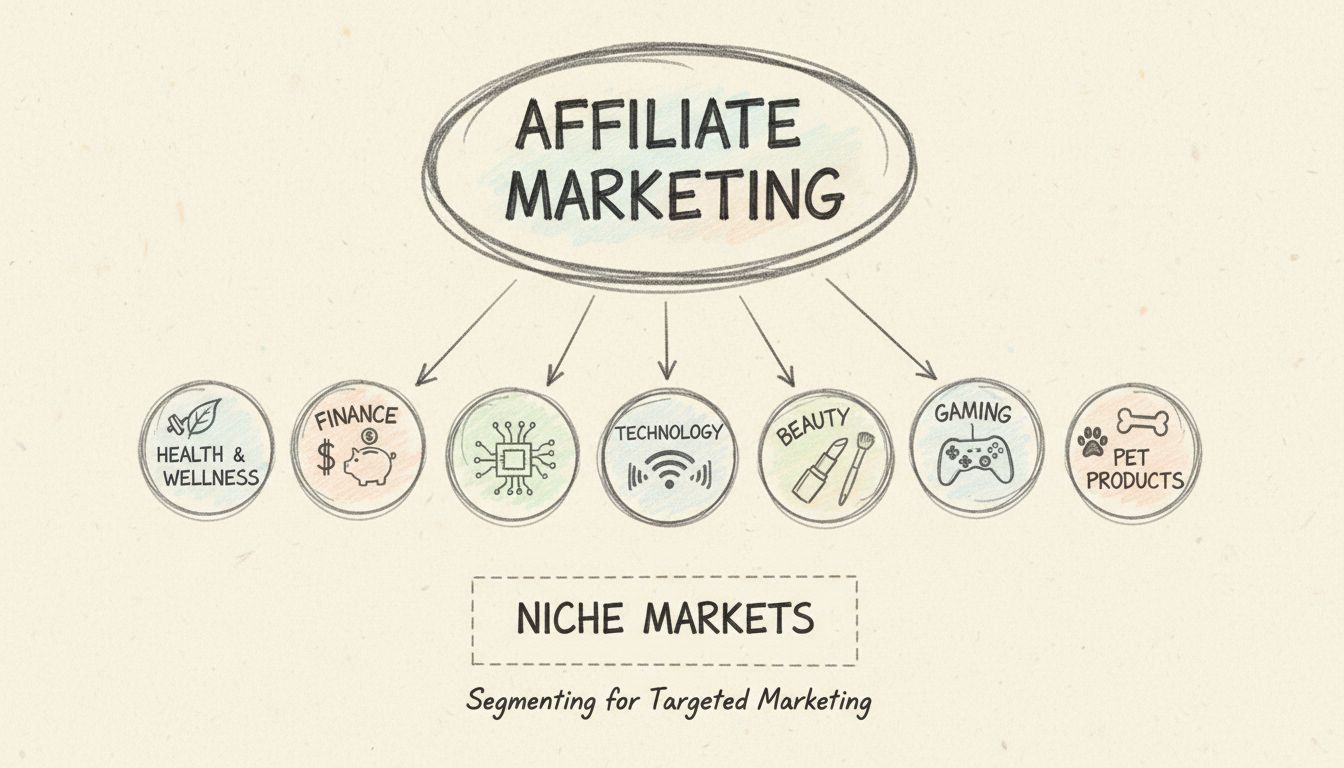 Az affiliate marketing niche szegmentációs diagramja, amely bemutatja, hogyan oszlik fel egy széles piac fókuszált niche területekre, mint például egészség és jólét, pénzügy, technológia, szépségápolás, játék és kisállat termékek