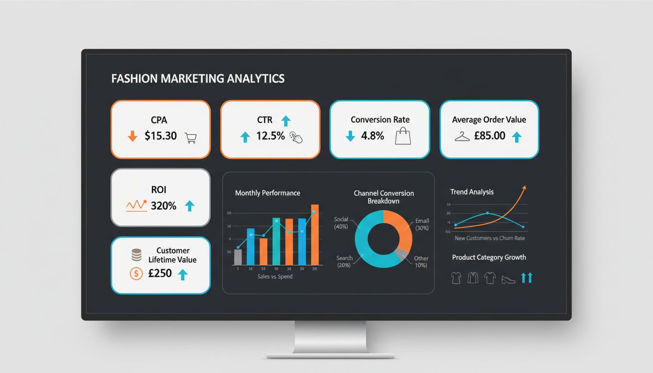 Divatmarketing KPI dashboard, amely CPA, CTR, konverziós arány, ROI, CLV és AOV mérőszámokat mutat analitikai grafikonokkal