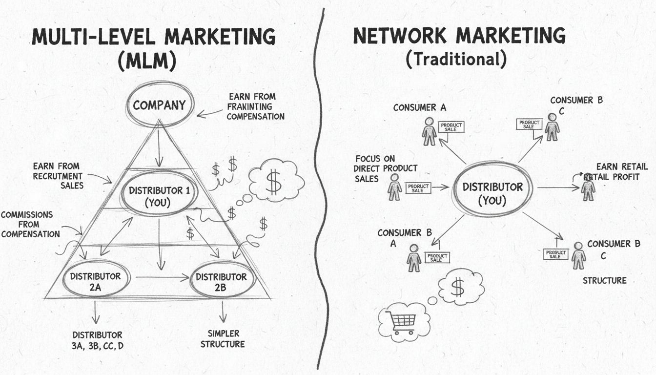 Kézzel rajzolt diagram az MLM és a hálózati marketing szerkezeti különbségeiről, jutalékáramlatokkal és forgalmazói szintekkel