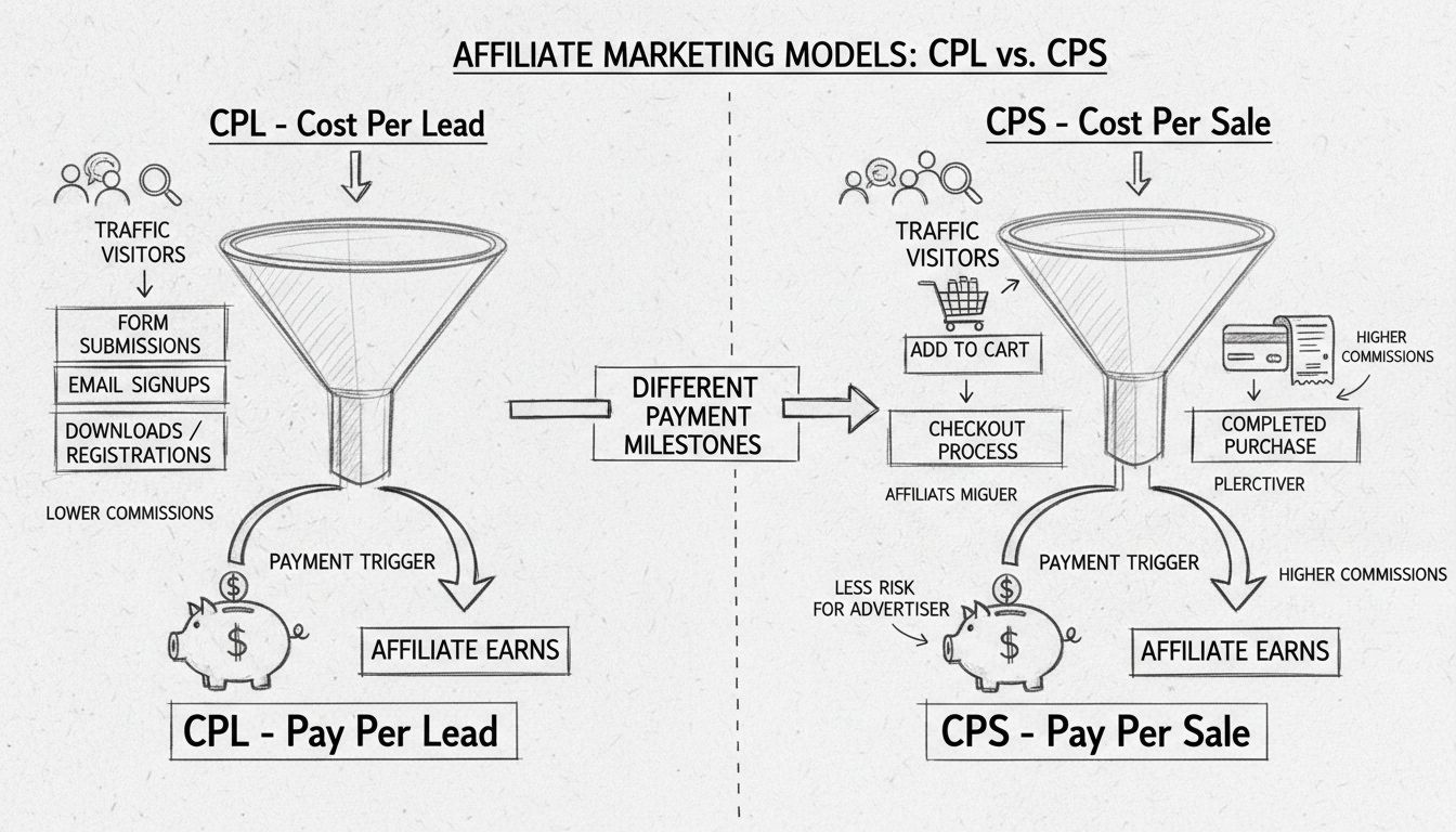 Kézzel rajzolt diagram, amely a CPL és CPS affiliate marketing modelleket hasonlítja össze a kifizetési feltételek és a konverziós folyamatok alapján