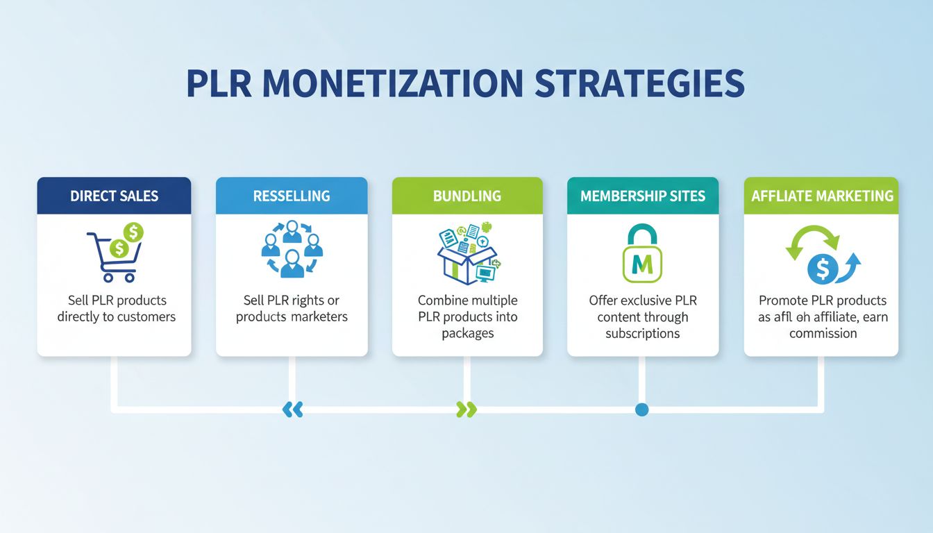 PLR monetizációs stratégiák infografika, öt bevételi forrást mutatva: közvetlen értékesítés, továbbértékesítés, csomagolás, tagsági oldalak és affiliate marketing