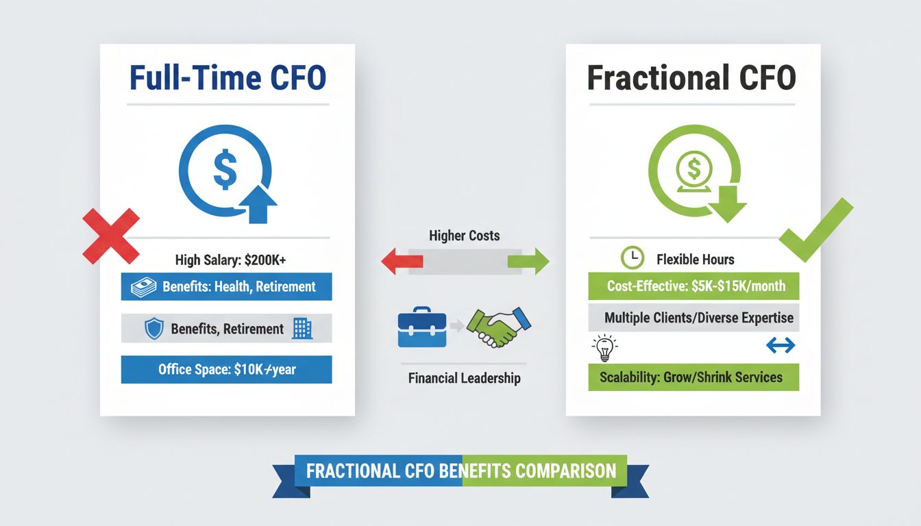 Fractional CFO vs Full-Time CFO cost comparison infographic showing salary, benefits, and flexibility differences