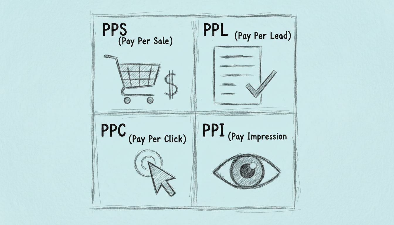 Partnerjutalék-kifizetési modellek összehasonlító diagramja: PPS, PPL, PPC és PPI
