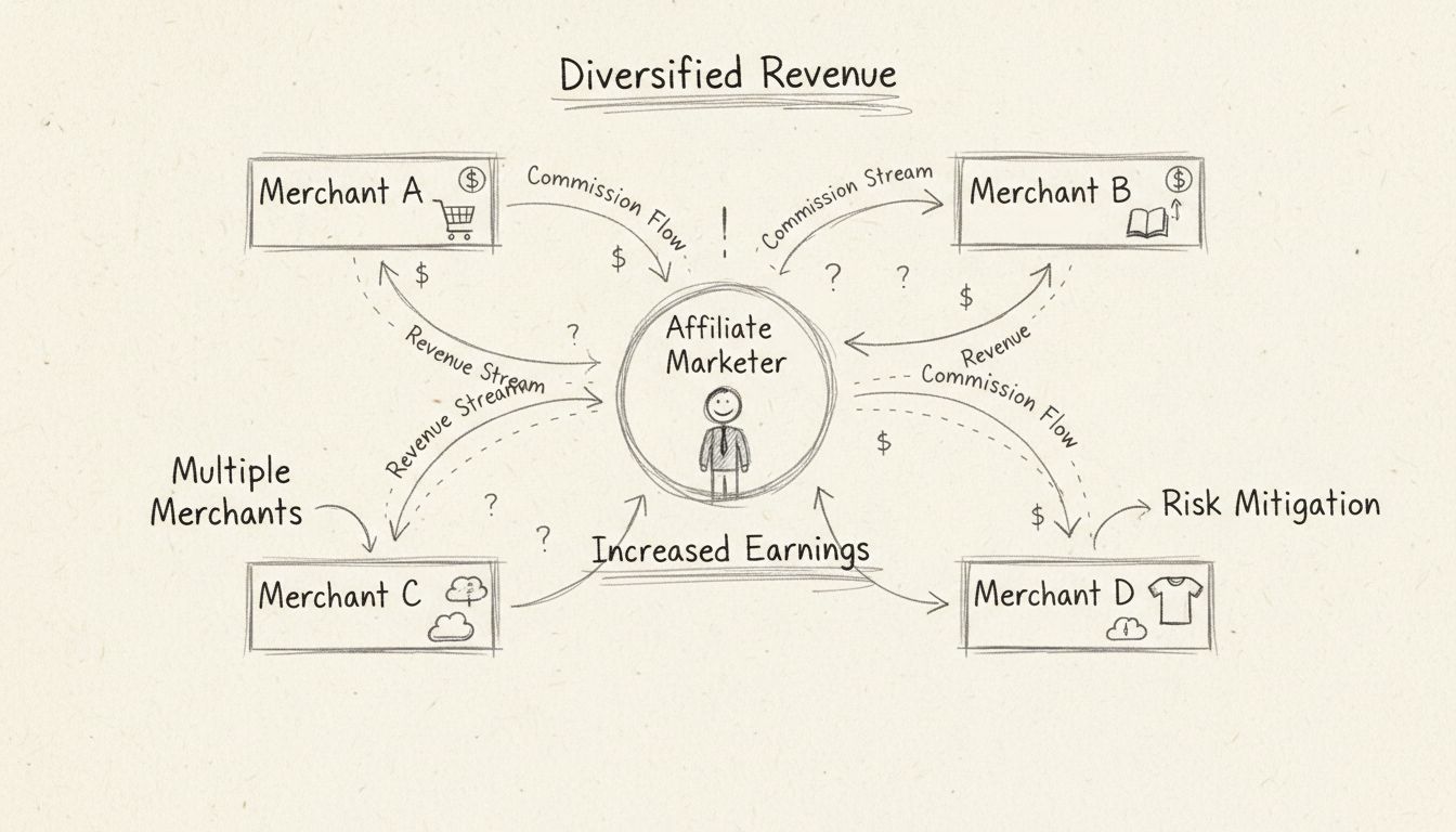 Kézzel rajzolt diagram, amely egy affiliate marketingest mutat, aki több kereskedőhöz kapcsolódik diverzifikált bevételi forrásokkal és jutalékáramlással