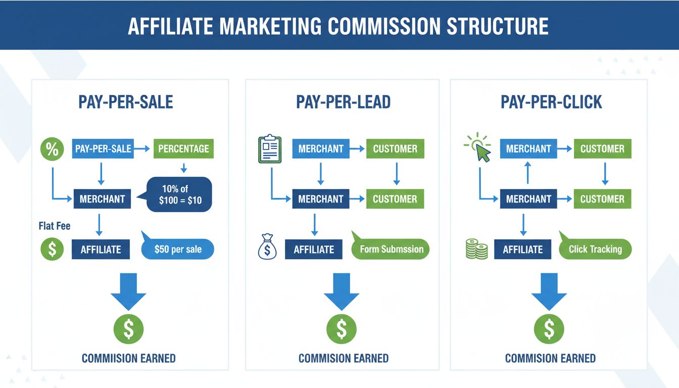 Affiliate marketing jutalékstruktúra infografika, amely a Pay-Per-Sale, Pay-Per-Lead és Pay-Per-Click modelleket mutatja példaszámításokkal