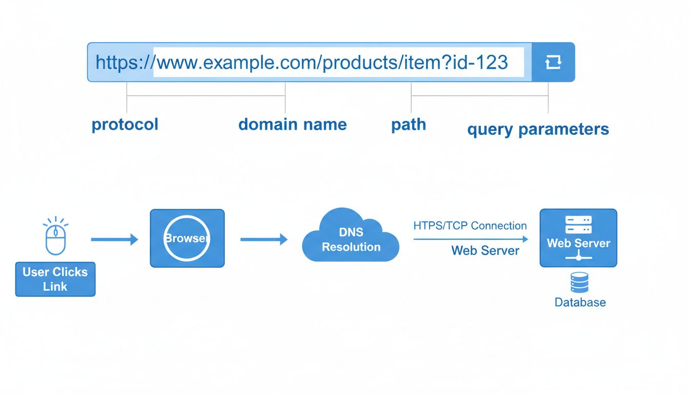 URL szerkezetét bemutató diagram: protokoll, domain, útvonal és paraméterek
