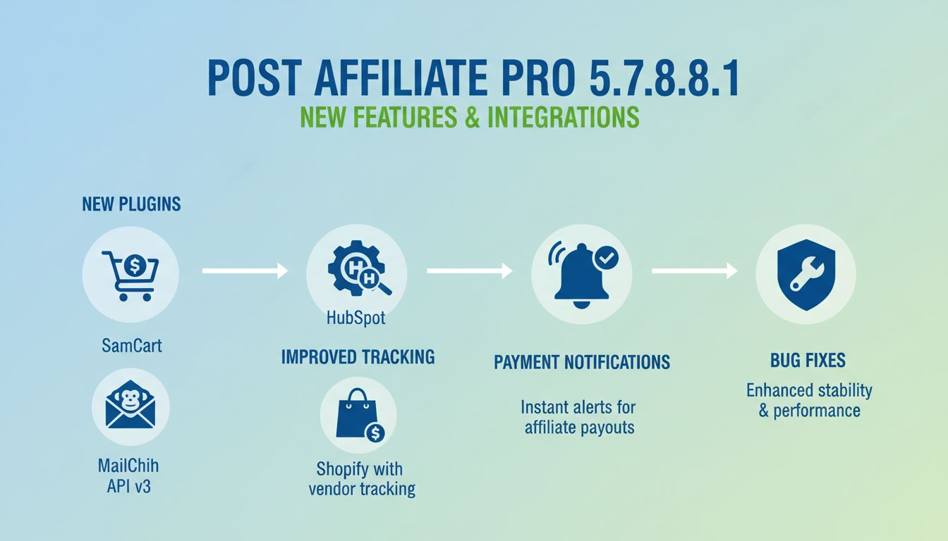 Post Affiliate Pro 5.7.8.1 új funkciók infografika – SamCart, MailChimp API v3, HubSpot, Shopify integrációk és kifizetési értesítések