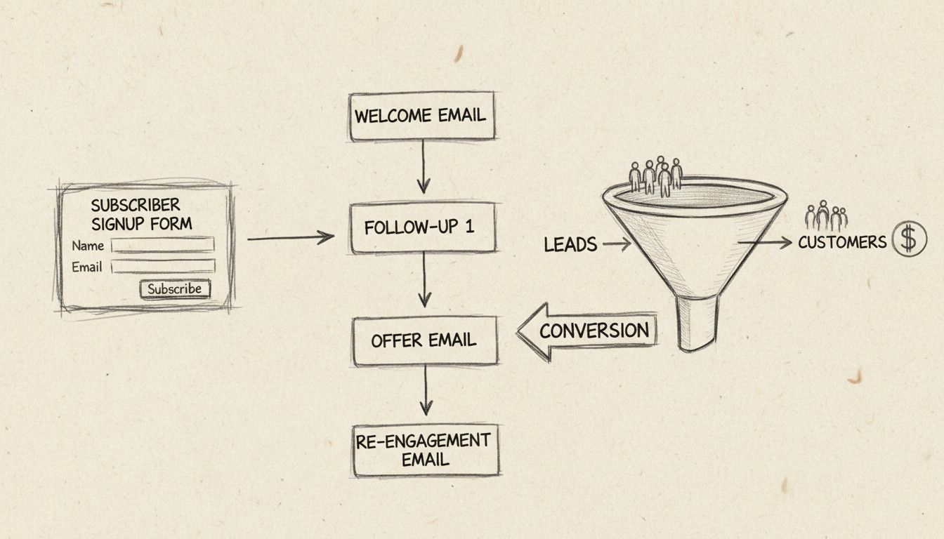 Email autoresponder munkafolyamat: feliratkozás, automatizált e-mail sorozat, konverziós tölcsér