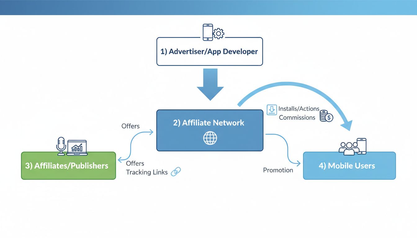 A mobil affiliate marketing ökoszisztéma diagramja, amely bemutatja a hirdetők, affiliate hálózatok, affiliate-ek és mobilfelhasználók közötti kapcsolatot
