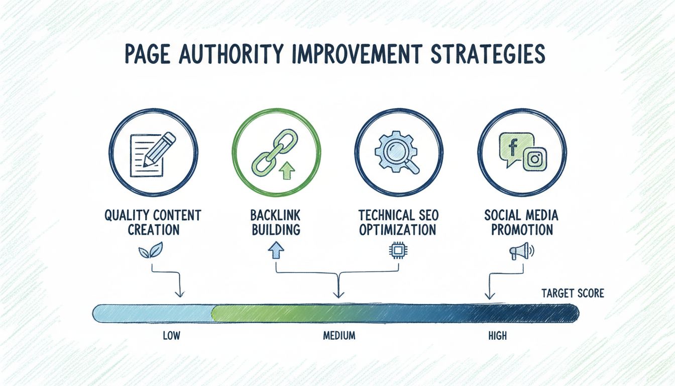 Az oldal tekintélyének javítási stratégiái infografika: minőségi tartalomkészítés, linképítés, technikai SEO optimalizálás és közösségi média promóció PA pontszám skálával