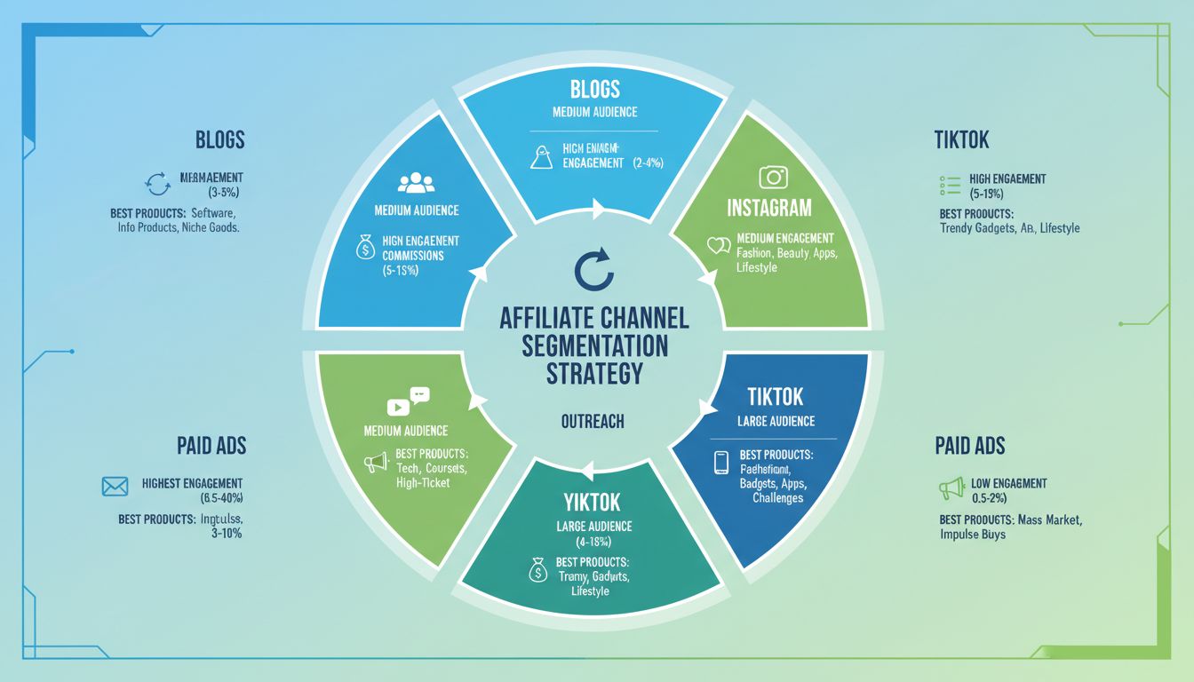 Partnercsatorna-szegmentációs stratégia, amely 6 fő csatornát mutat be elköteleződési arányokkal és jutalék százalékokkal