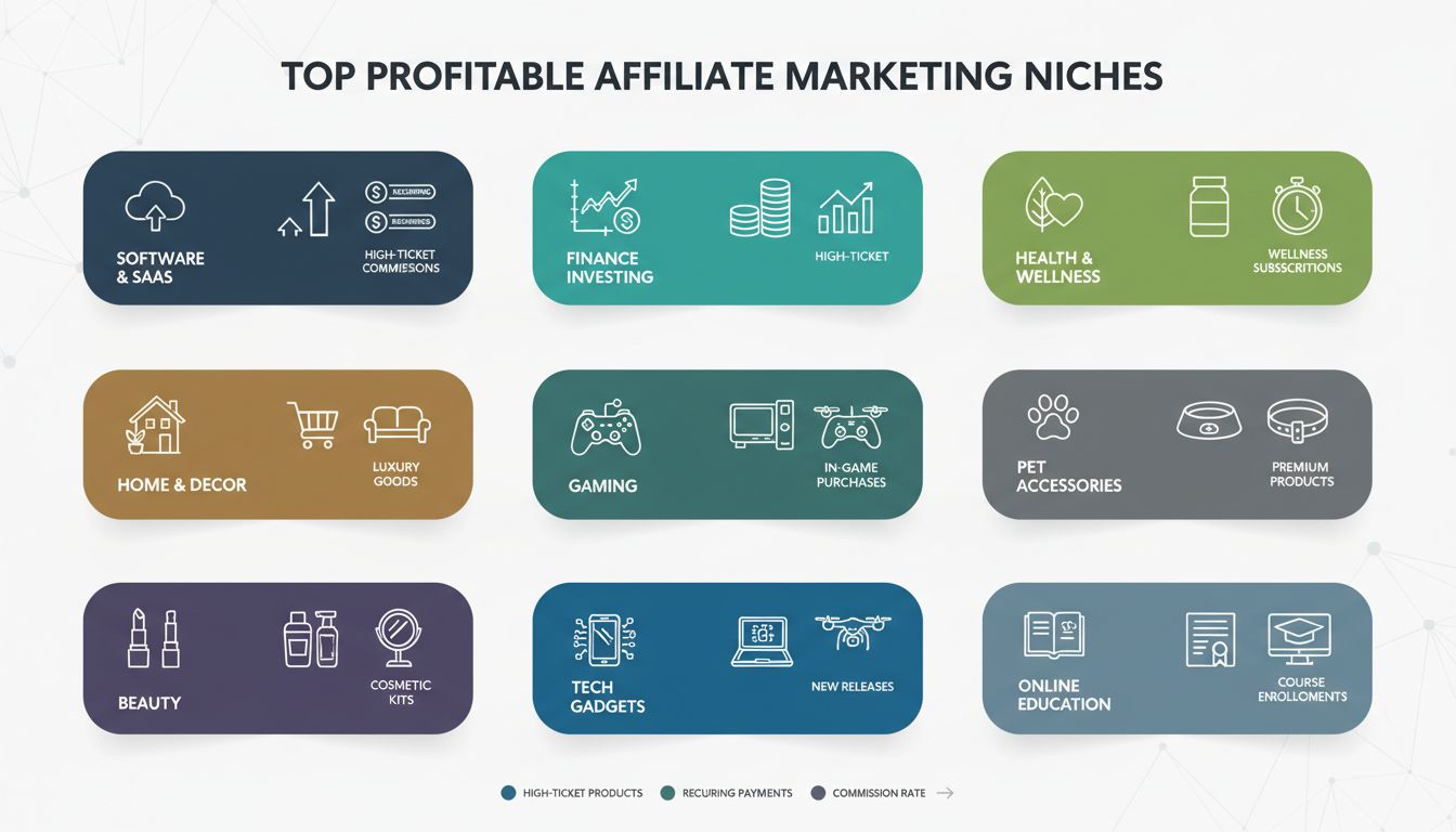 Infografika a legjövedelmezőbb affiliate marketing nichekről, köztük Szoftver, Pénzügy, Egészség, Játék és még sok más