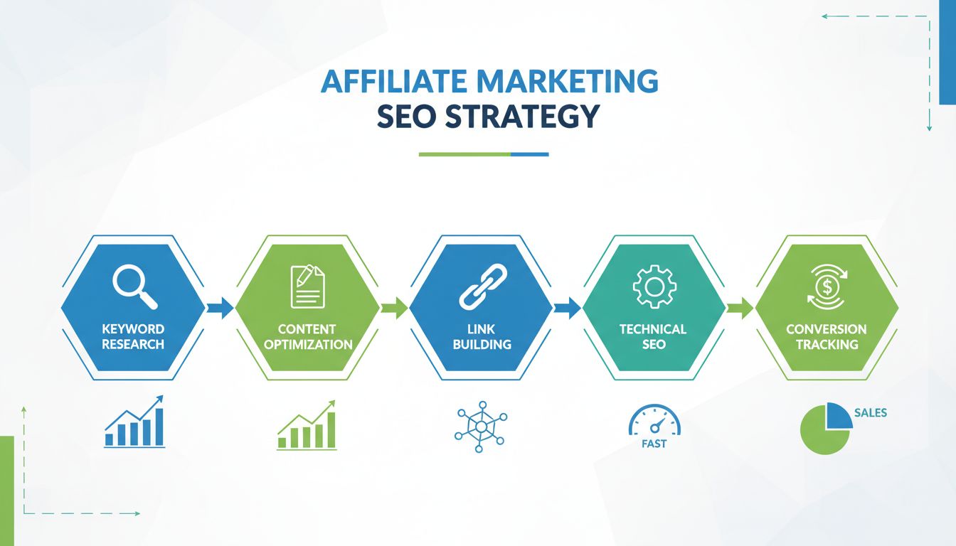 SEO stratégia affiliate marketinghez infografika, amely kulcsszókutatást, tartalomoptimalizálást, linképítést, technikai SEO-t és konverziókövetést mutat be