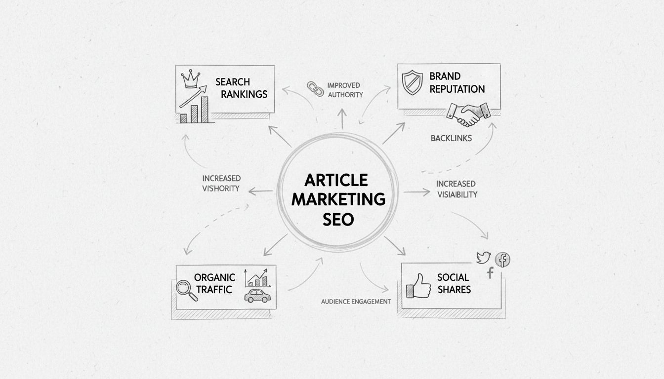 Kézzel rajzolt diagram, amely az article marketing SEO stratégiát mutatja: központi hub, amely visszamutató linkekhez, márkahírnévhez, közösségi megosztásokhoz, organikus forgalomhoz és keresőhelyezésekhez kapcsolódik.