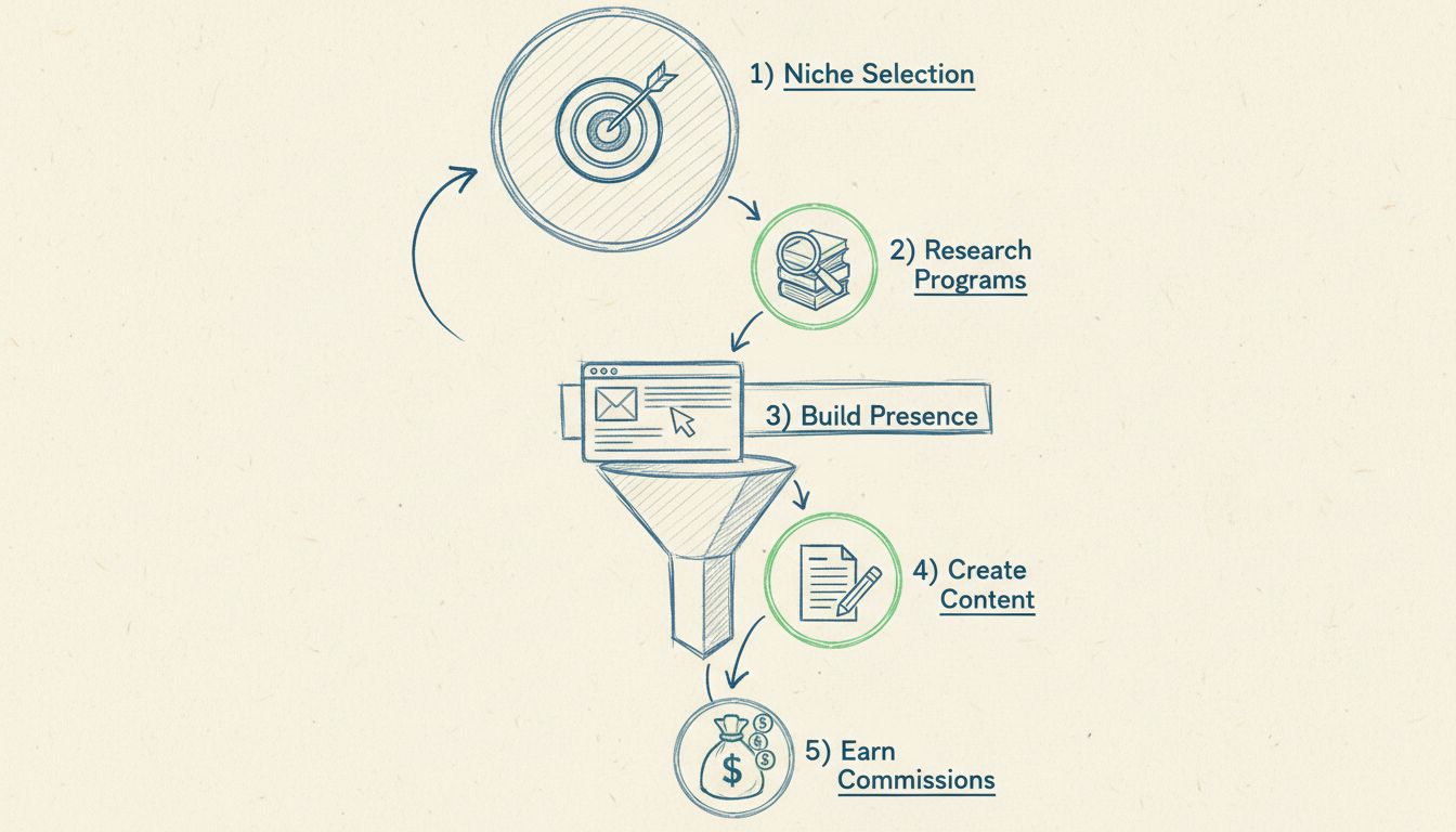 High-ticket affiliate marketing tölcsér 5 lépésben: piaci rés kiválasztása, programkutatás, jelenlétépítés, tartalomkészítés, jutalék szerzése