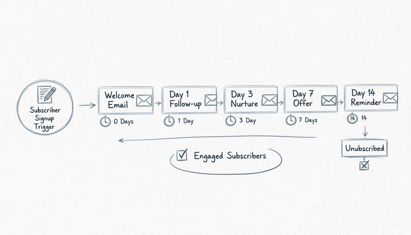 Email autoresponder workflow diagram showing subscriber signup trigger leading to automated email sequence with welcome email, follow-up emails, nurture emails, and promotional offers at different time intervals