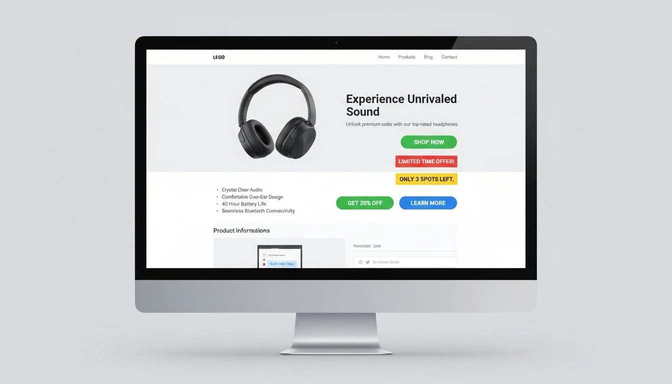 Profi affiliate marketing landing oldal, több CTA gombpéldával, sürgető üzenetekkel és helyes elhelyezéssel