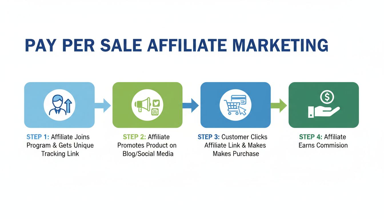 Pay Per Sale affiliate marketing folyamatábrája négy lépésben: affiliate csatlakozik, terméket népszerűsít, ügyfél kattint és vásárol, affiliate jutalékot kap