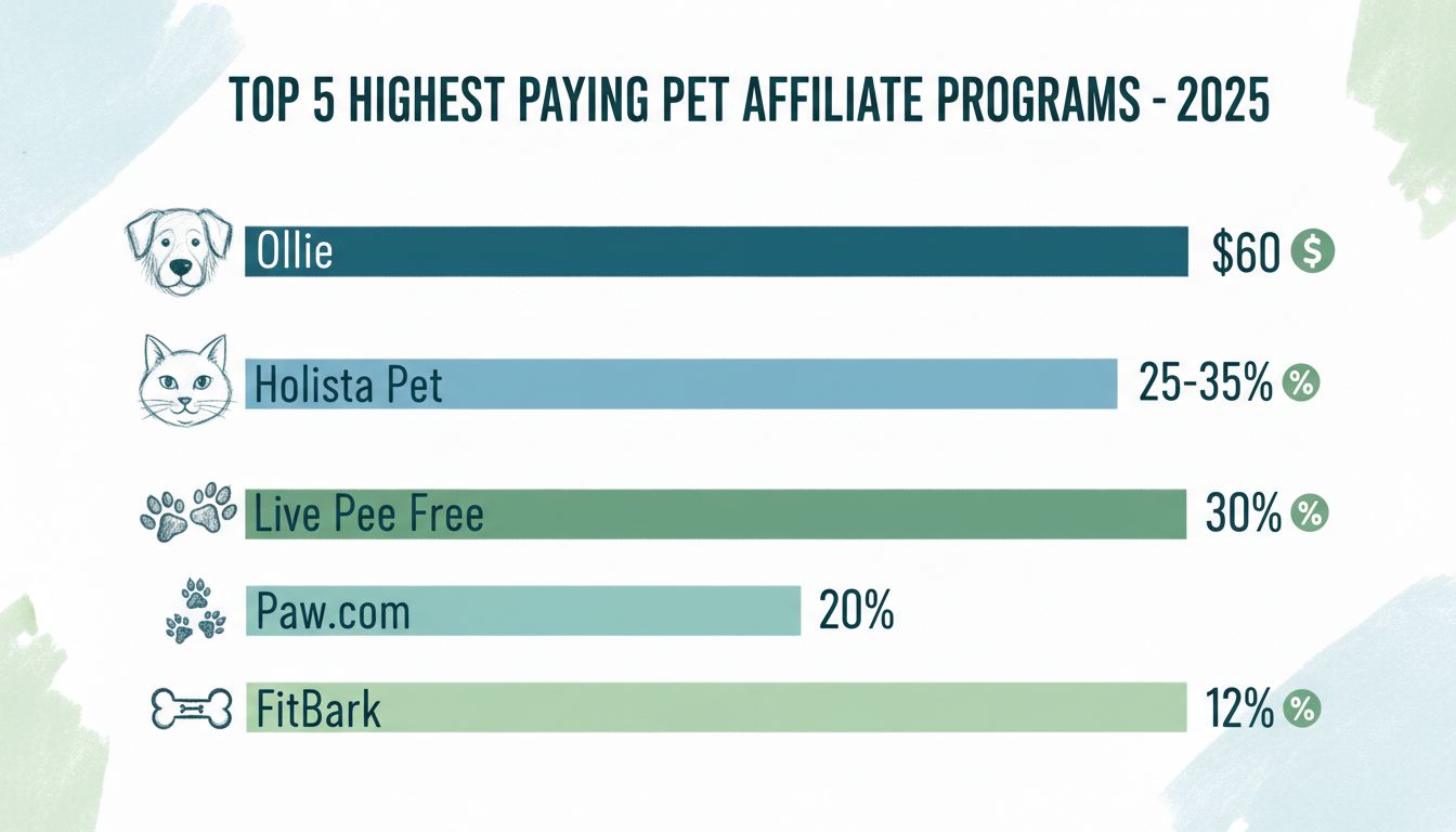 Az 5 legjobban fizető kisállat partnerprogram 2025-ös infografikája: Ollie $60, Holista Pet 25-35%, Live Pee Free 30%, Paw.com 20%, FitBark 12% jutalék
