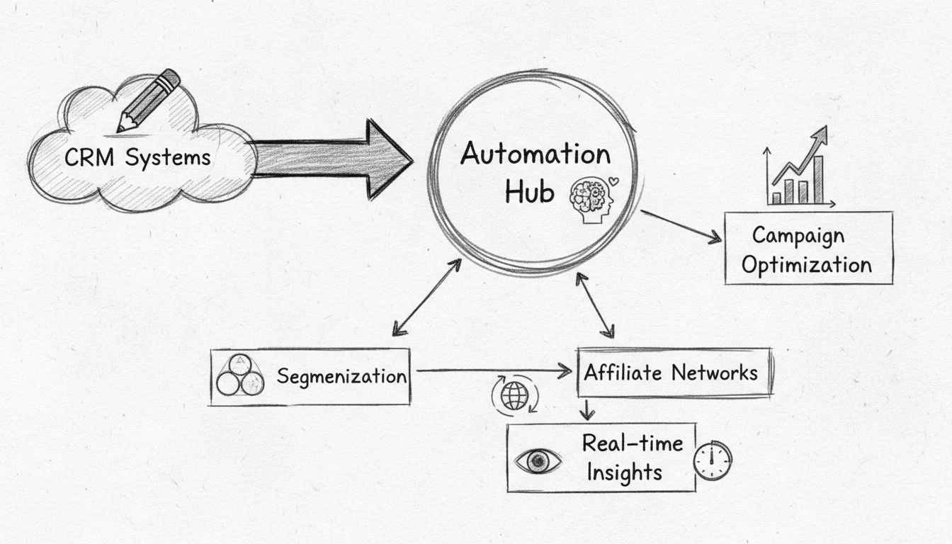 Automatizációs munkafolyamat-diagram az adatgyűjtés, szegmentáció, személyre szabás és kampányoptimalizáció folyamatával az affiliate marketingben