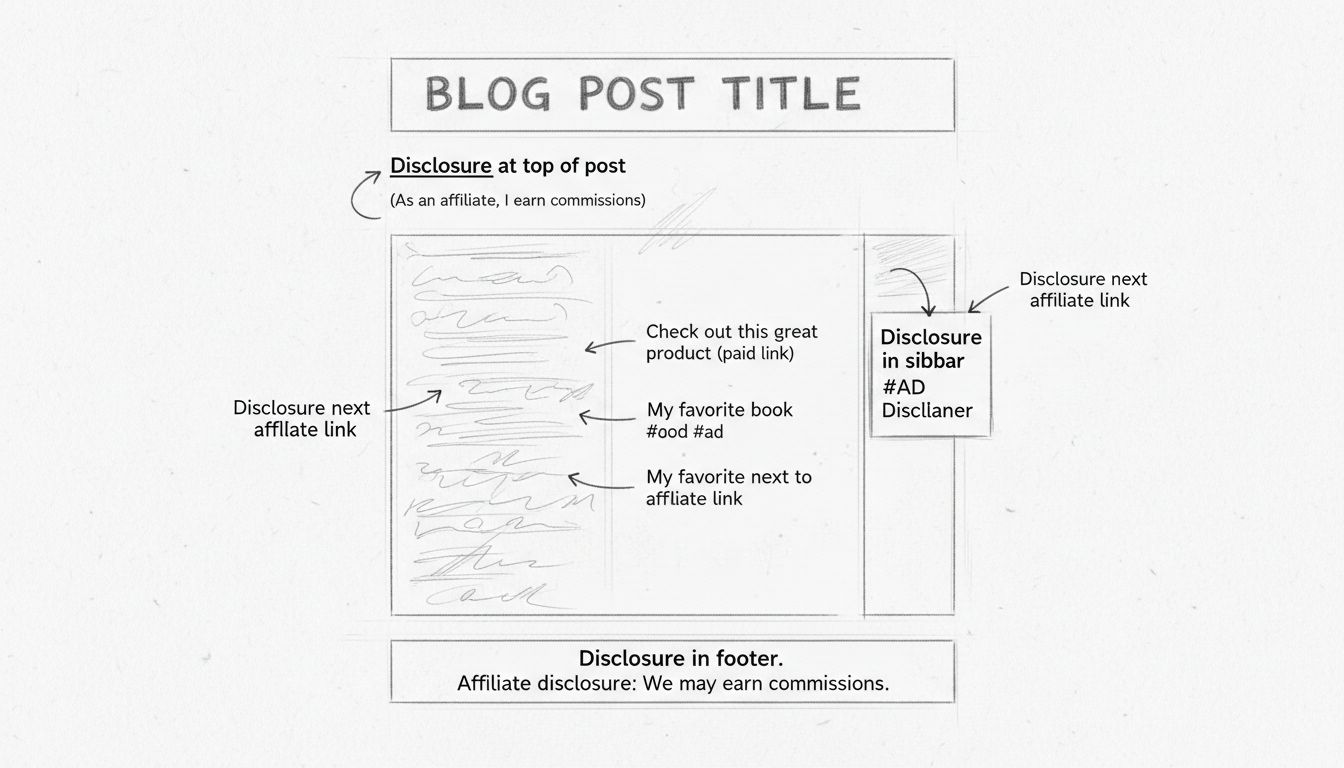 Kézzel rajzolt ábra, amely az affiliate nyilatkozat elhelyezésének legjobb gyakorlatait mutatja, jelölésekkel a bejegyzés tetején, linkek mellett, láblécben és oldalsávban