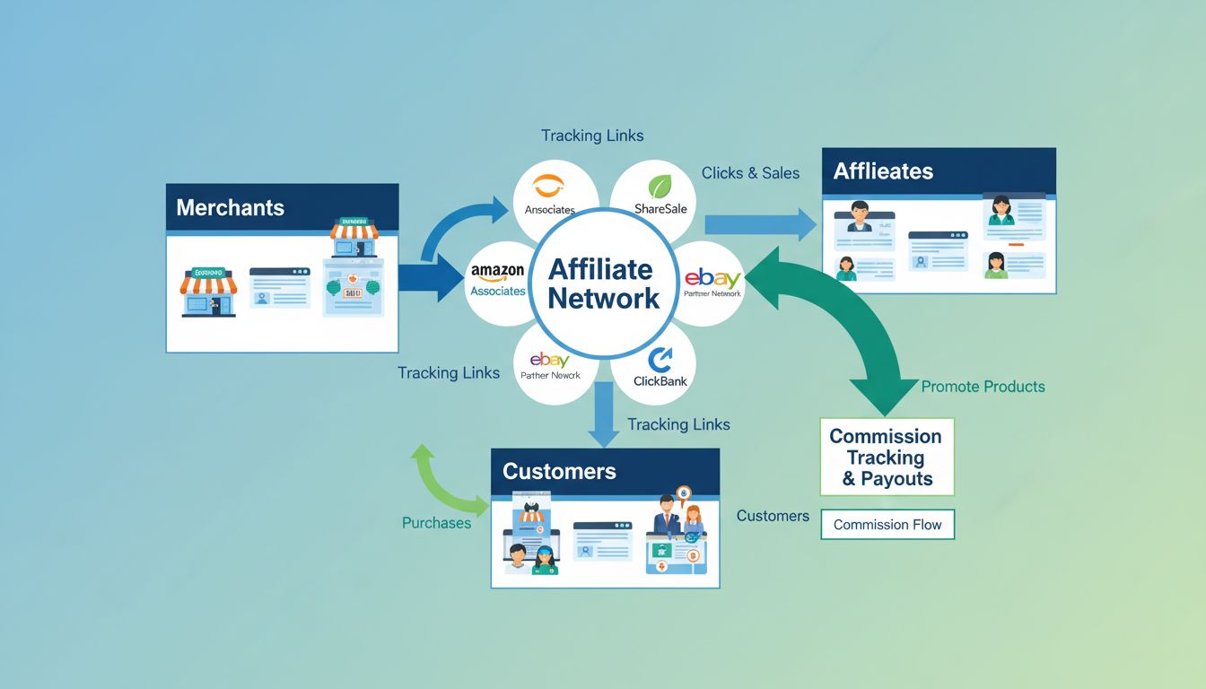 Affiliate hálózati ökoszisztéma diagram: kereskedők, affiliate partnerek, vásárlók és jutalékkövetés folyamata