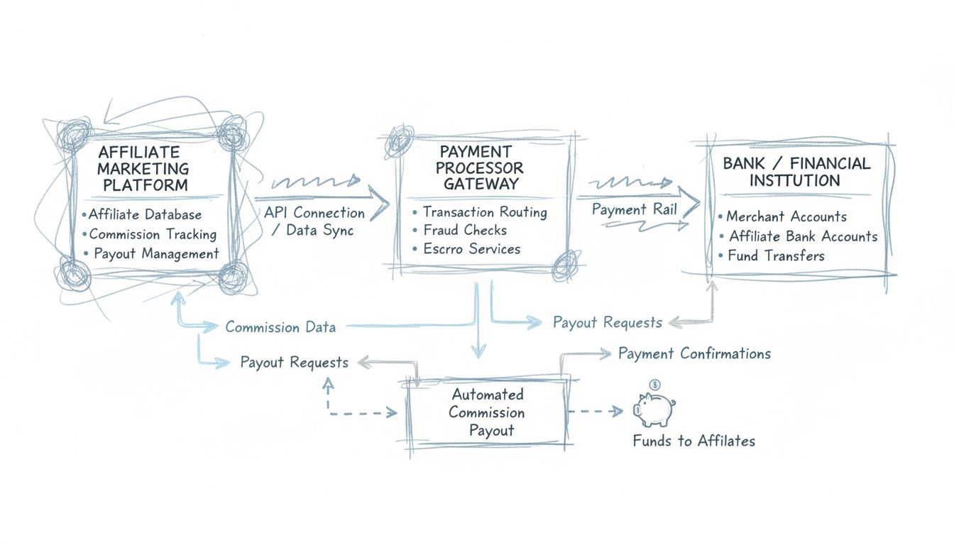 A fizetési feldolgozó integráció munkafolyamatának diagramja, amely bemutatja a társult marketing platform, a fizetési átjáró és pénzintézet kapcsolatát