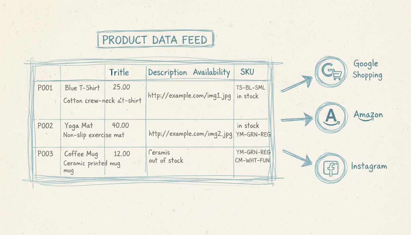 Termékfeed szerkezeti diagram: táblázat termékadatokkal, amelyek több platformra áramlanak