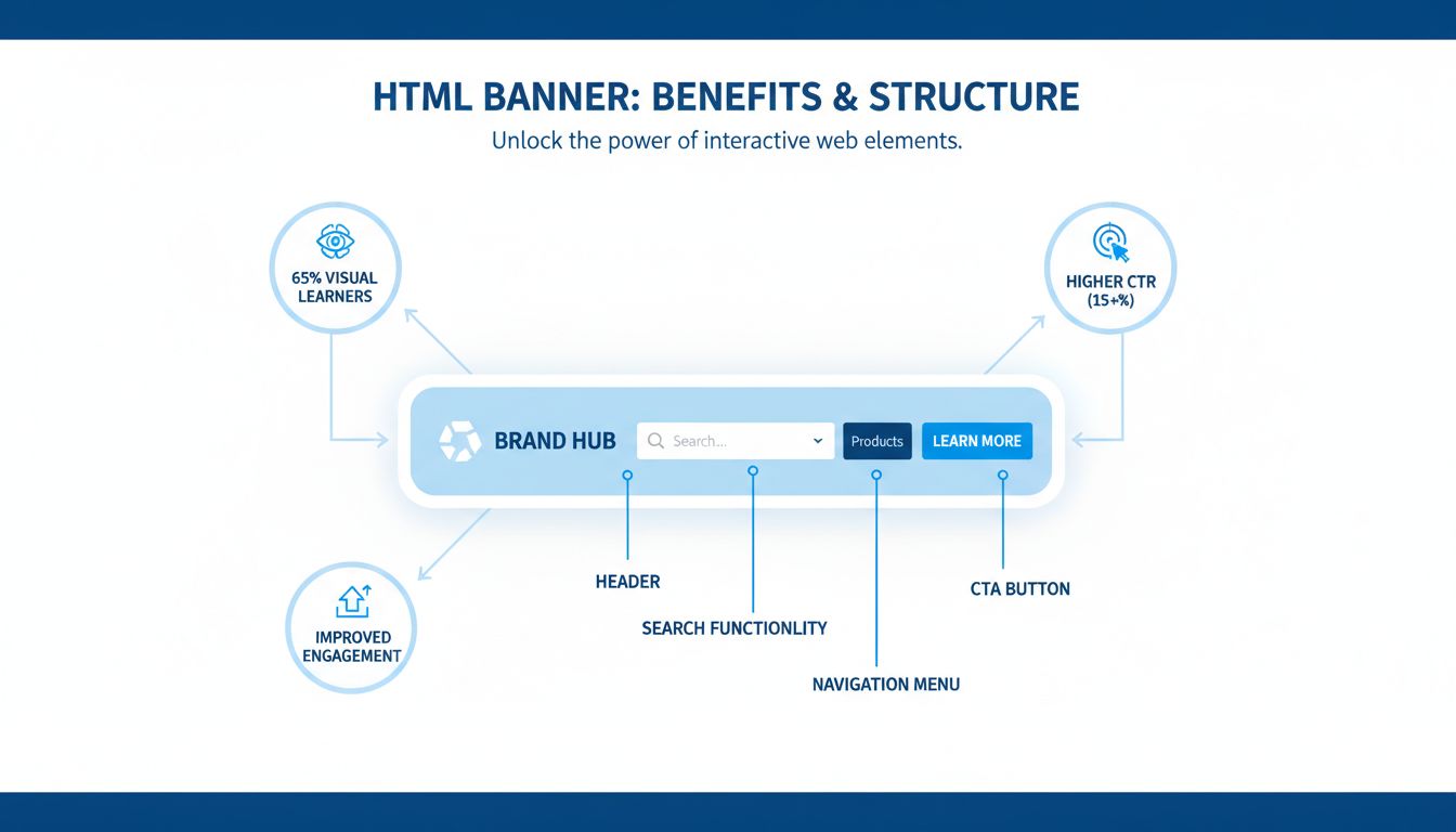 HTML banner előnyeit bemutató infografika: interaktív elemek, mérőszámok, elköteleződési funkciók