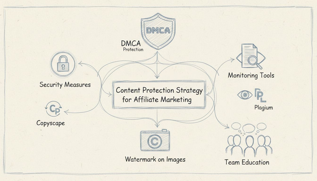 Tartalomvédelmi stratégia diagram: biztonsági lakat, DMCA pajzs, monitorozó eszközök, szerzői jogi nyilatkozat, vízjel, és csapatoktatási módszerek