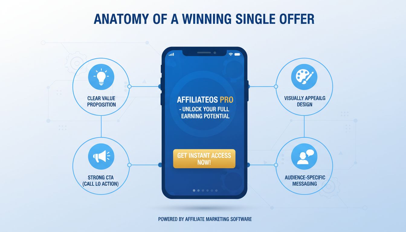 Infografika, amely bemutatja a hatékony egyedi ajánlatok kulcselemeit: értékajánlat, vizuális megjelenés, CTA és közönségcélzás