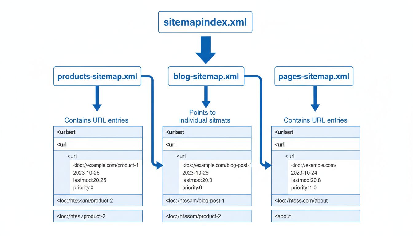 XML webhelytérkép szerkezeti diagramja, amelyen a webhelytérképindex több egyéni webhelytérképet köt össze URL-bejegyzésekkel