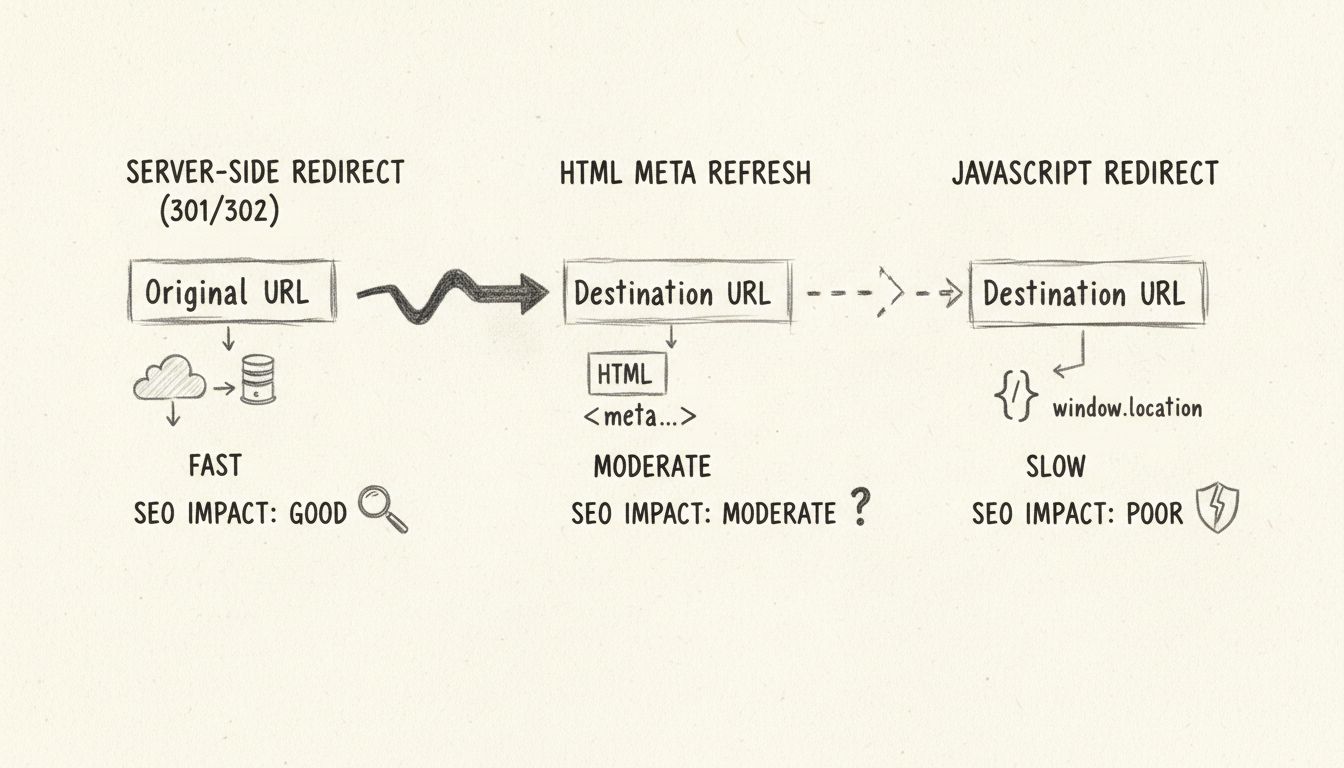 Három átirányítási módszer összehasonlító diagramja: szerveroldali, HTML meta frissítés, JavaScript átirányítások – gyorsaság és SEO hatás